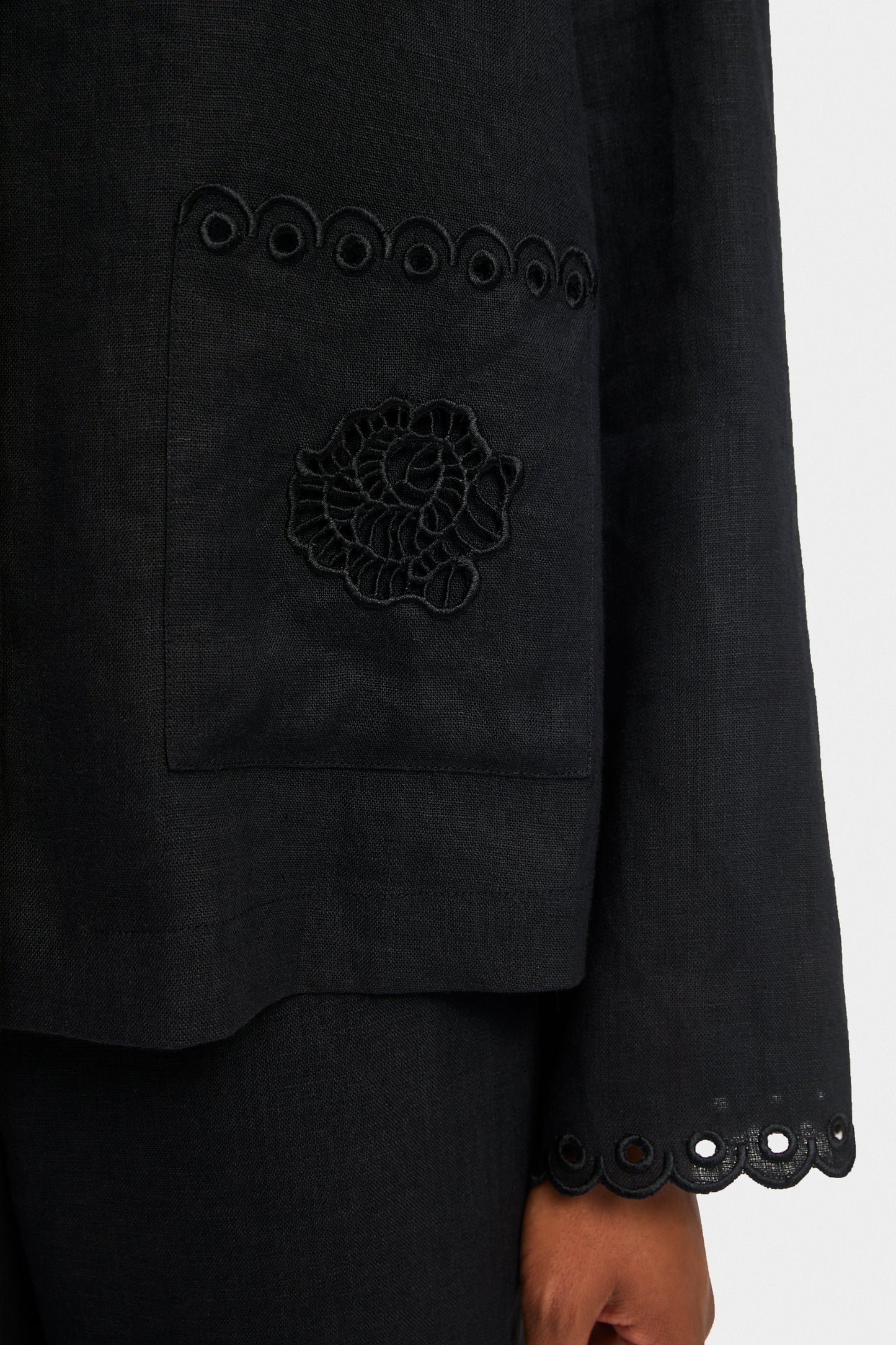 Sofia Linen Embroidered Shirt in Black