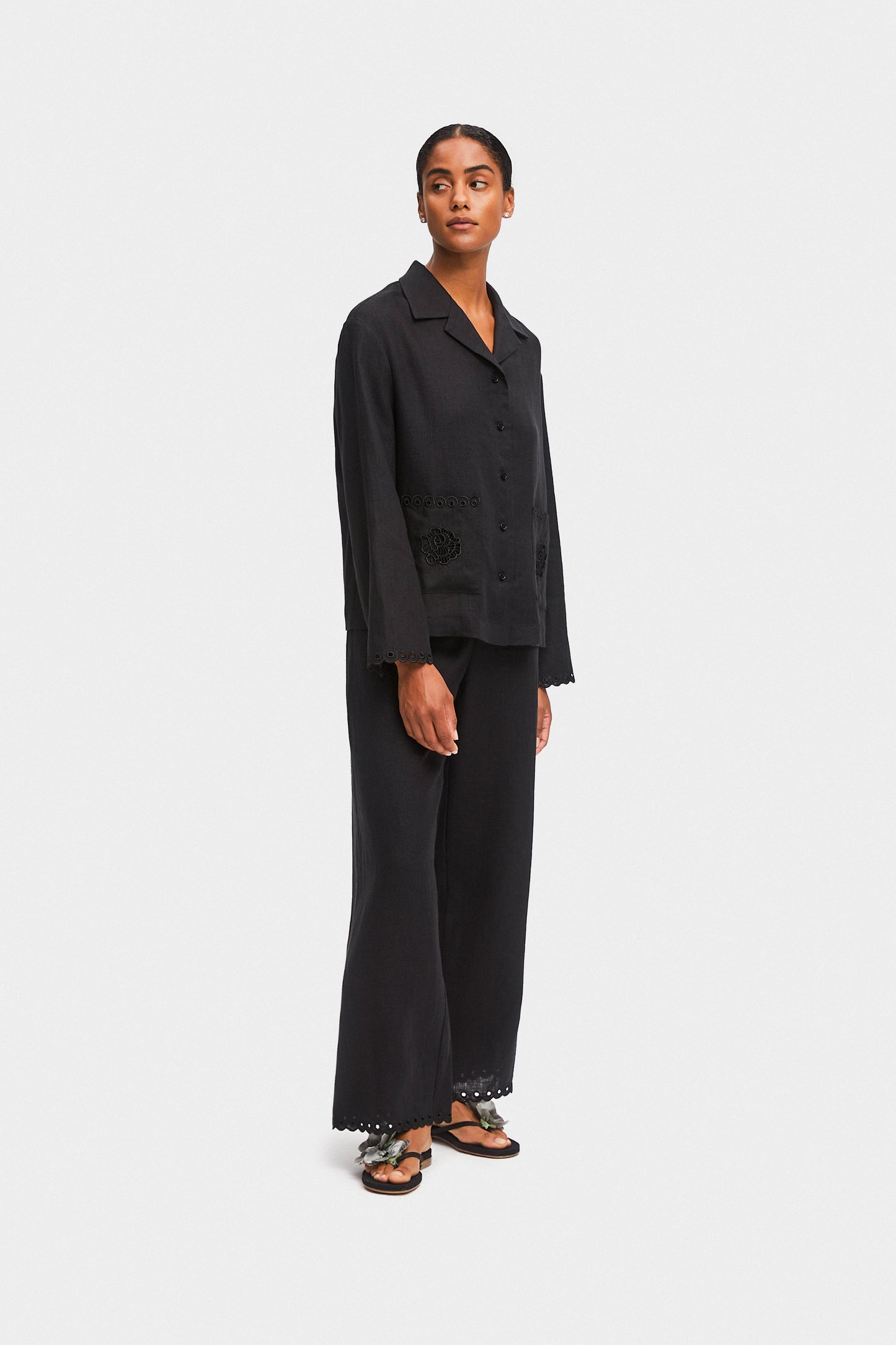 Sofia Linen Embroidered Shirt in Black