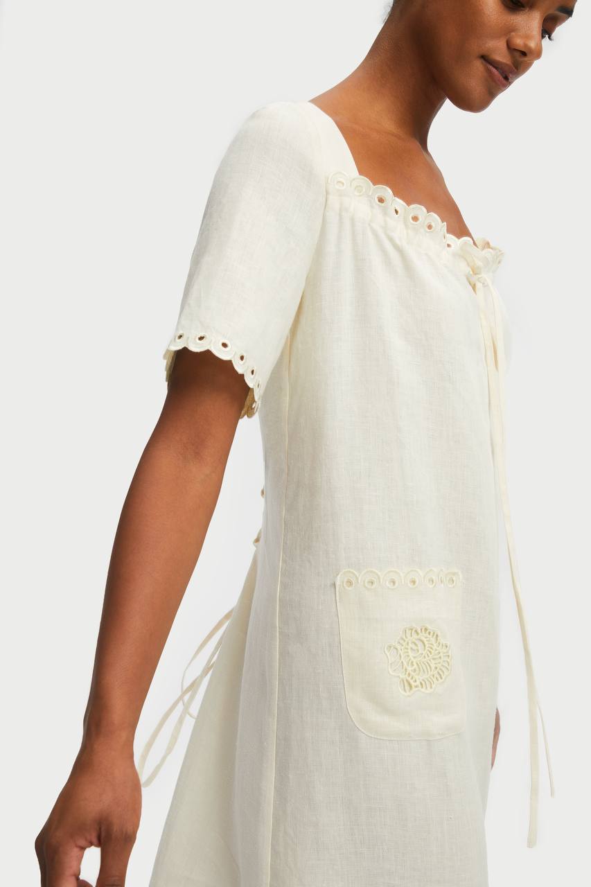Sofia Linen Embroidered Midi Dress in Off-White