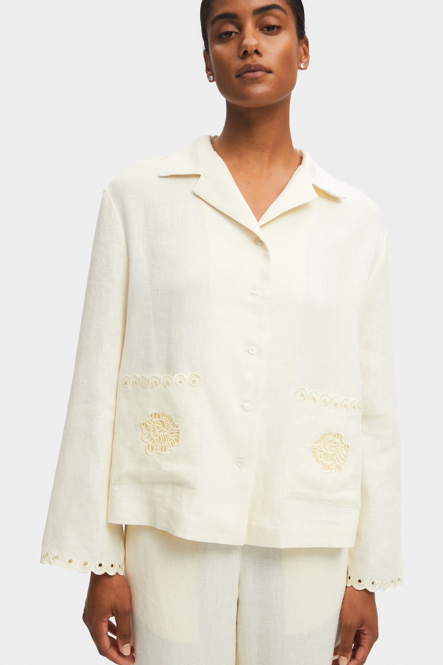 Sofia Linen Embroidered Shirt in Off-White