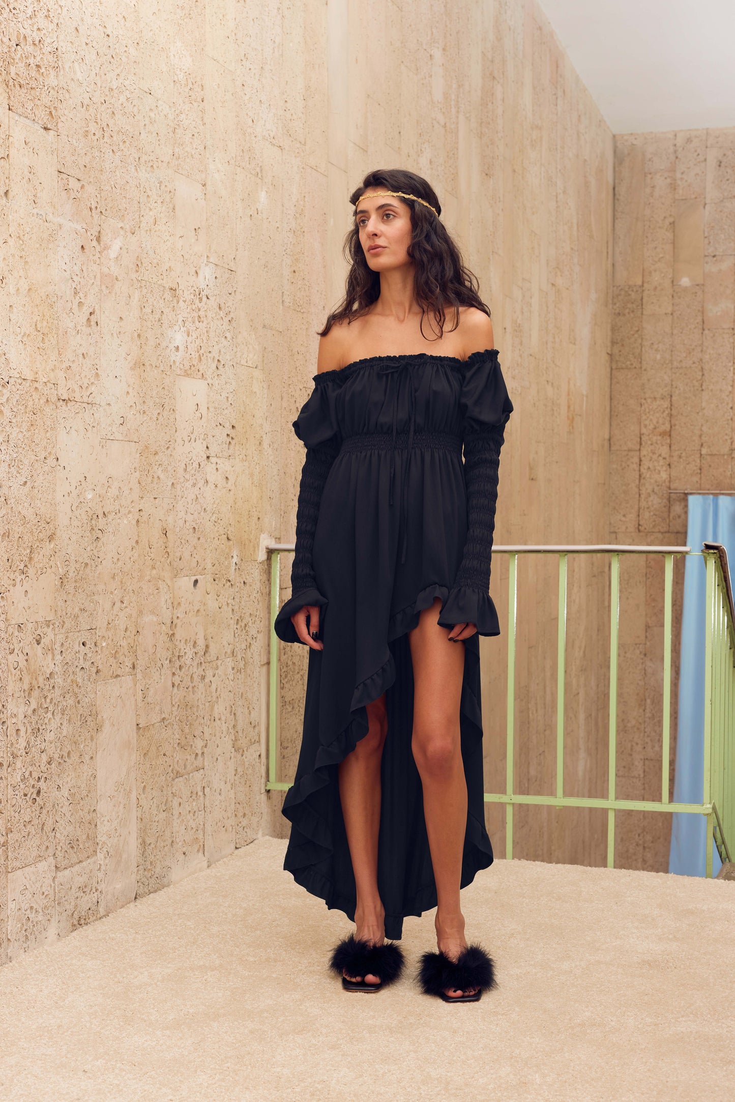 Wild Angel Shirred Asymmetric Dress in Black