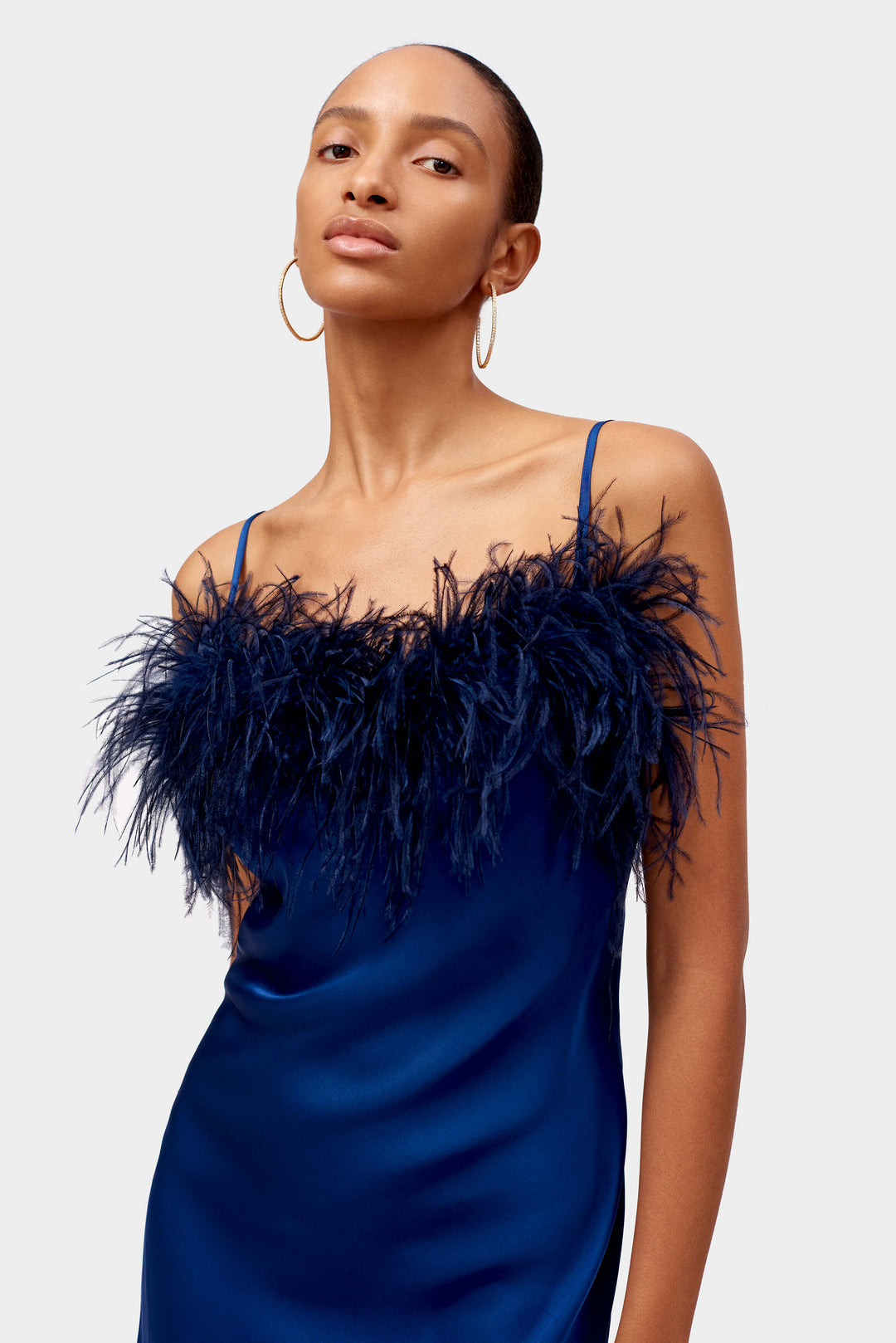 Boheme Mini Slip Dress with Feathers in Navy