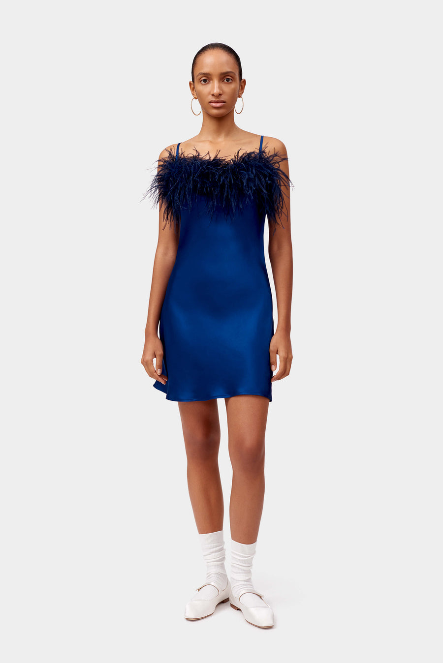 Boheme Mini Slip Dress with Feathers in Navy