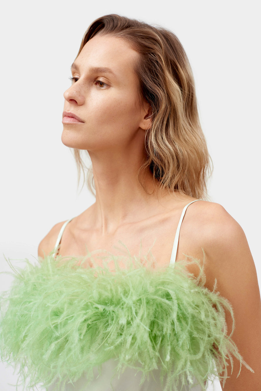 Boheme Slip Dress with Feathers in Mint