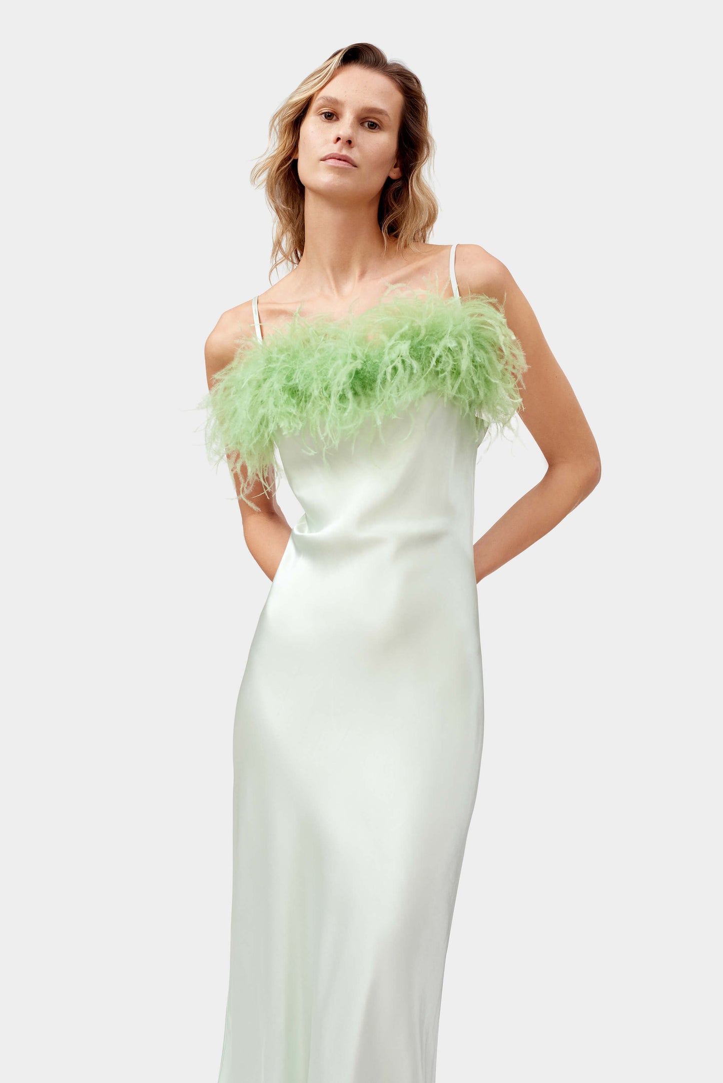 Boheme Slip Dress with Feathers in Mint