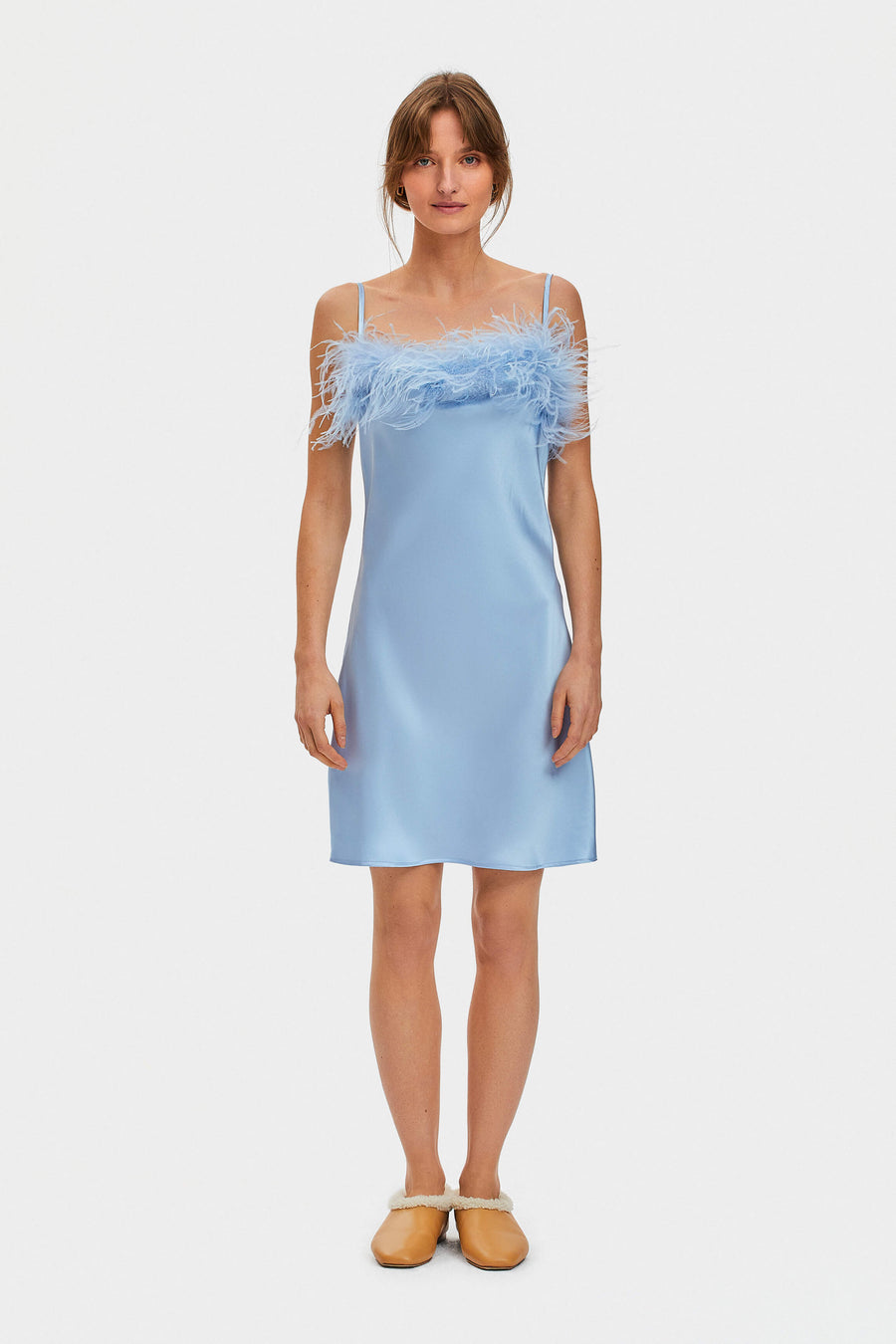 Boheme Mini Dress with Feathers in Light Blue