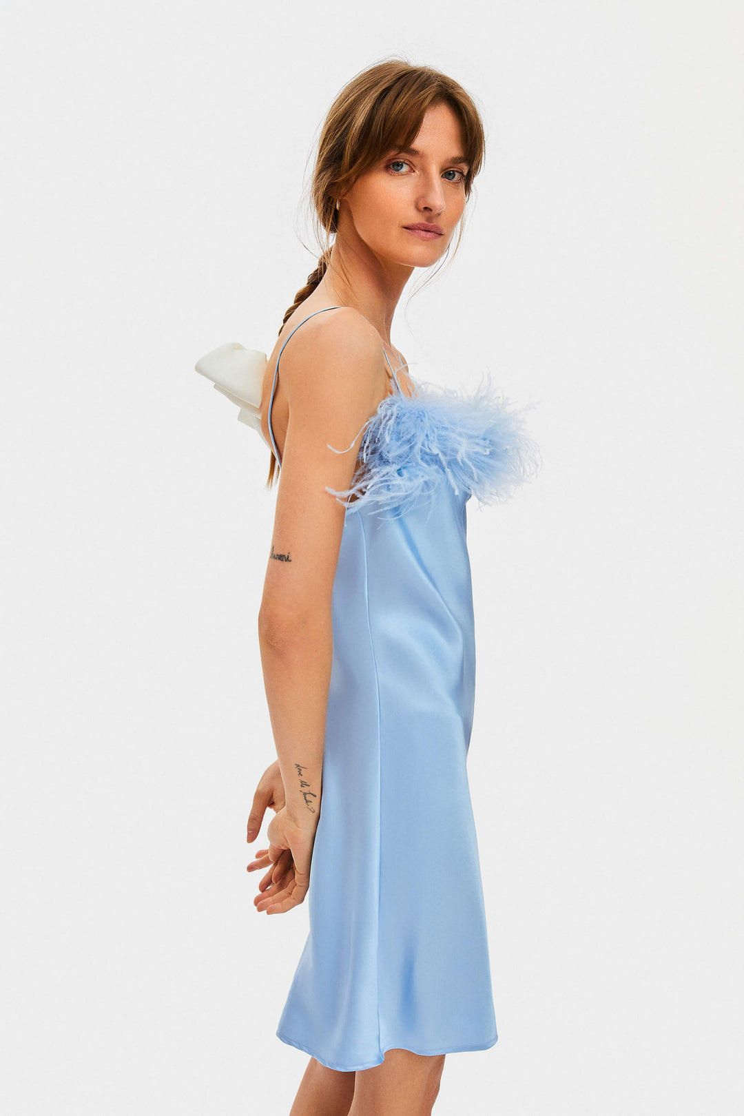 Boheme Mini Dress with Feathers in Light Blue