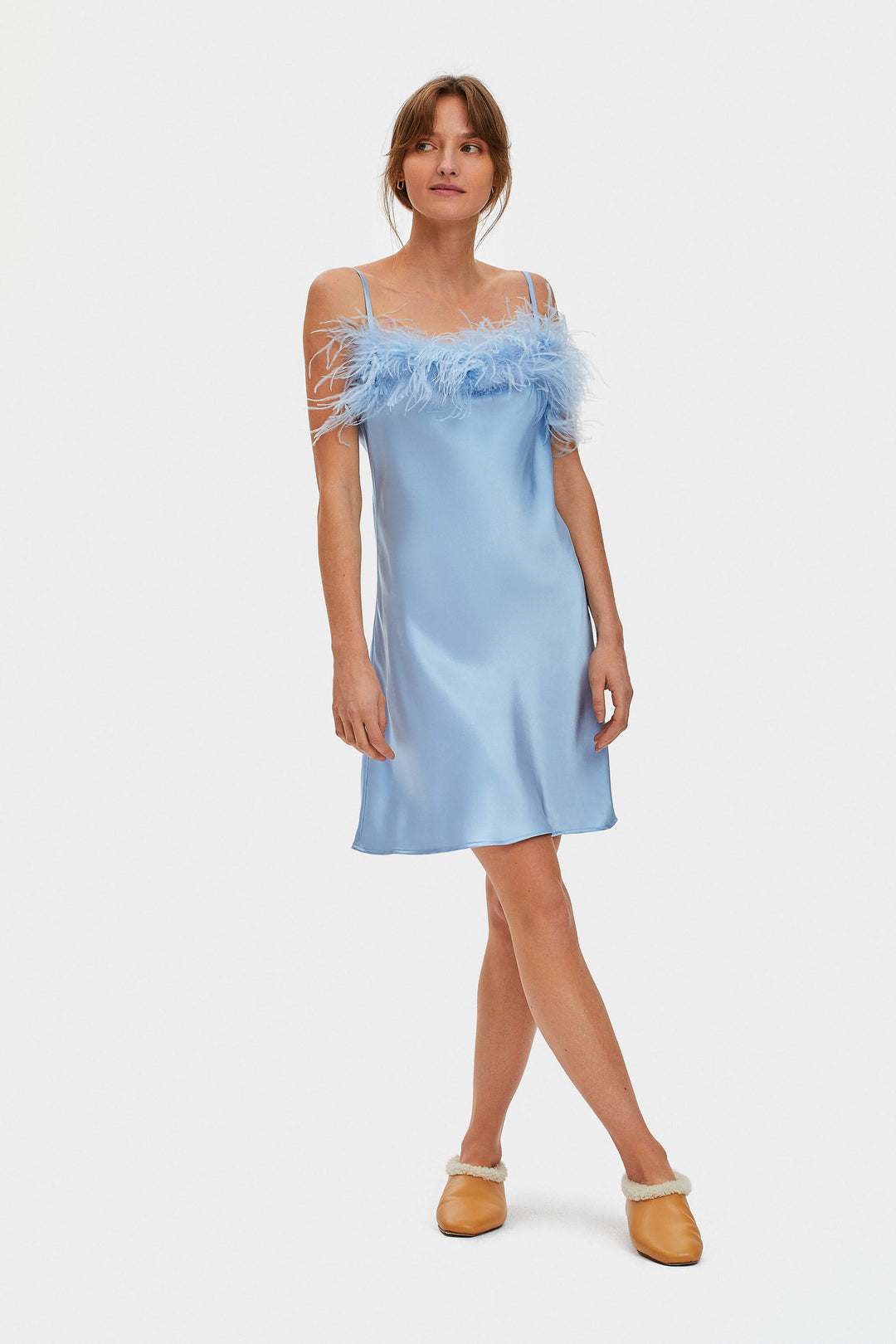 Boheme Mini Dress with Feathers in Light Blue