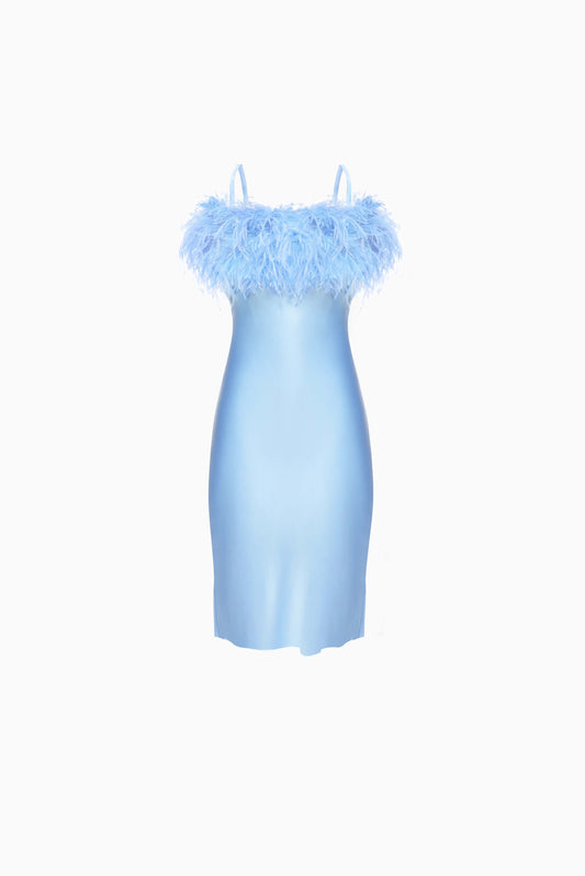 Boheme Mini Dress with Feathers in Light Blue