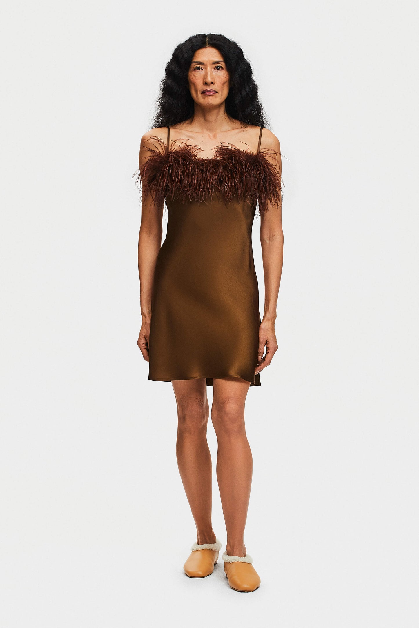 Boheme Mini Dress with Feathers in Whiskey Brown