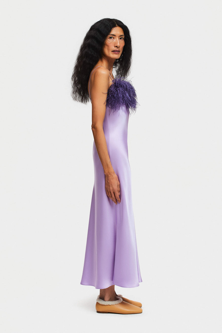 Boheme Slip Dress with Feathers in Lilac