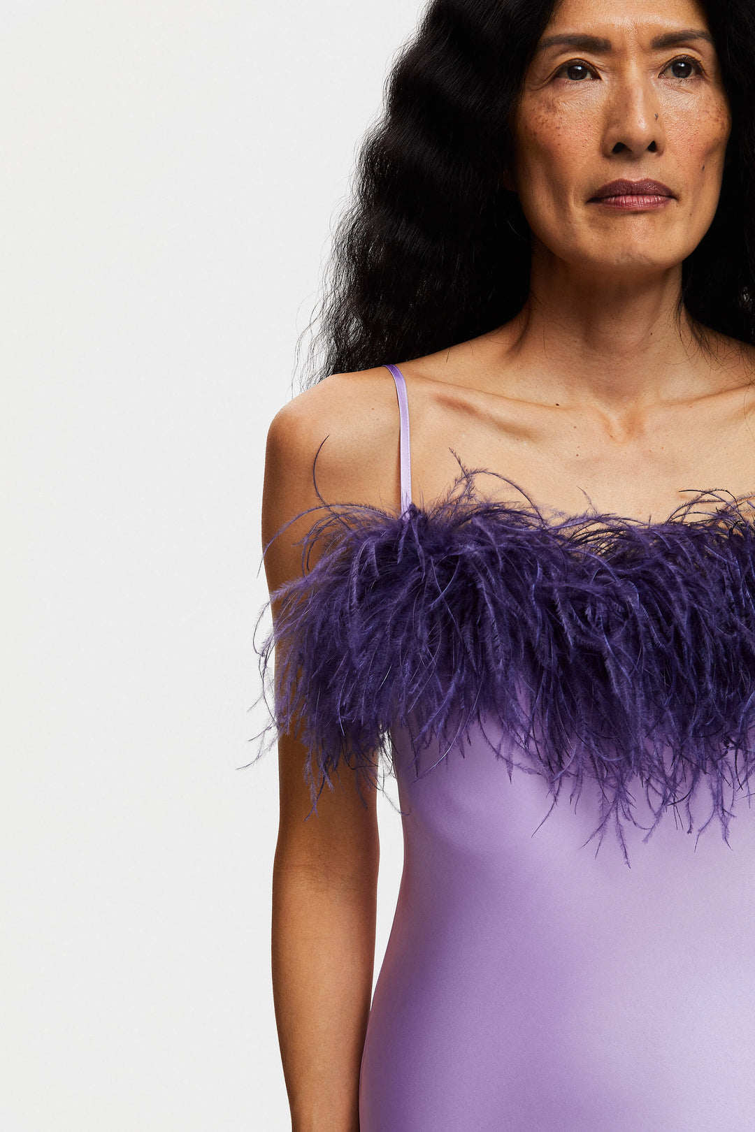 Boheme Slip Dress with Feathers in Lilac