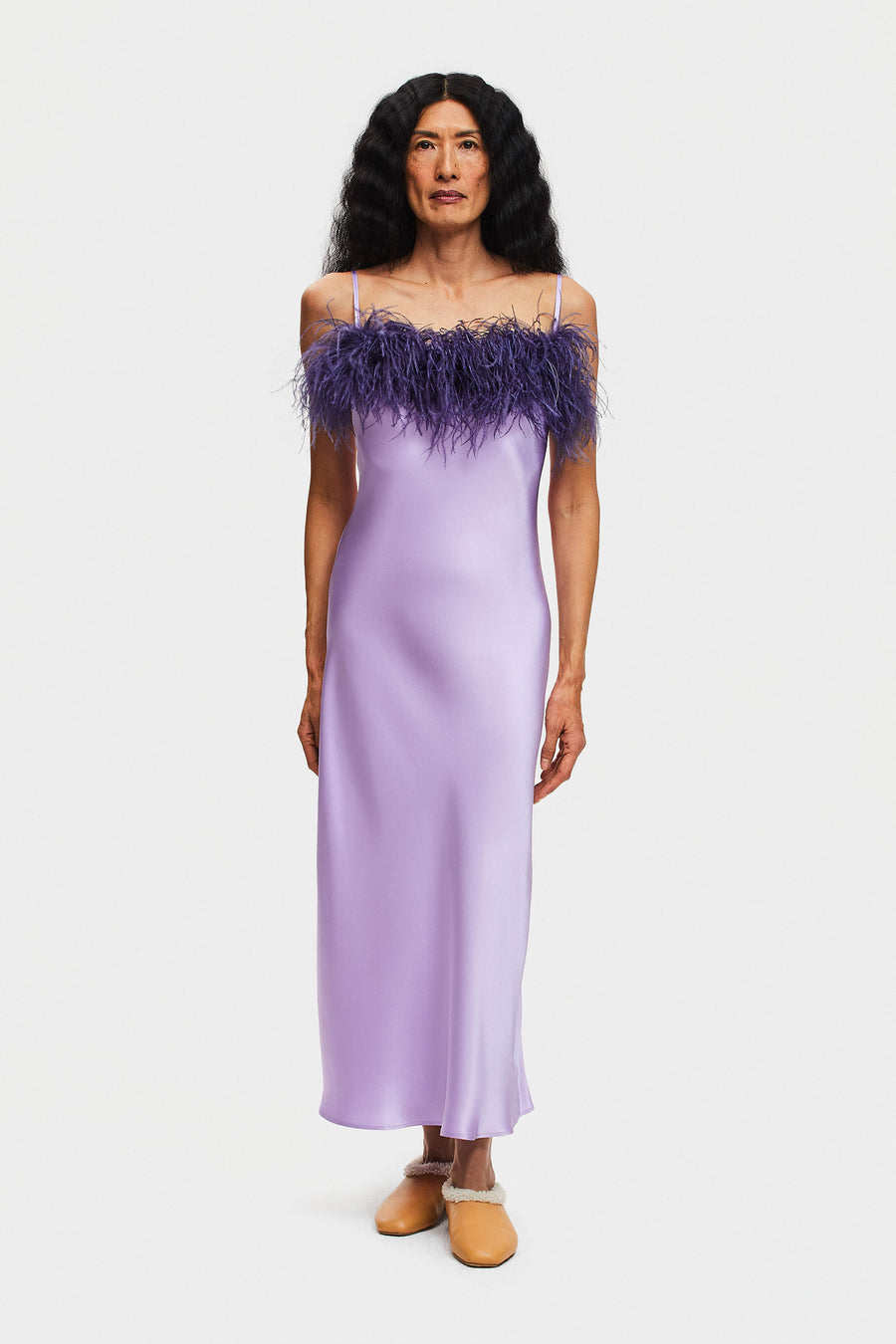 Boheme Slip Dress with Feathers in Lilac