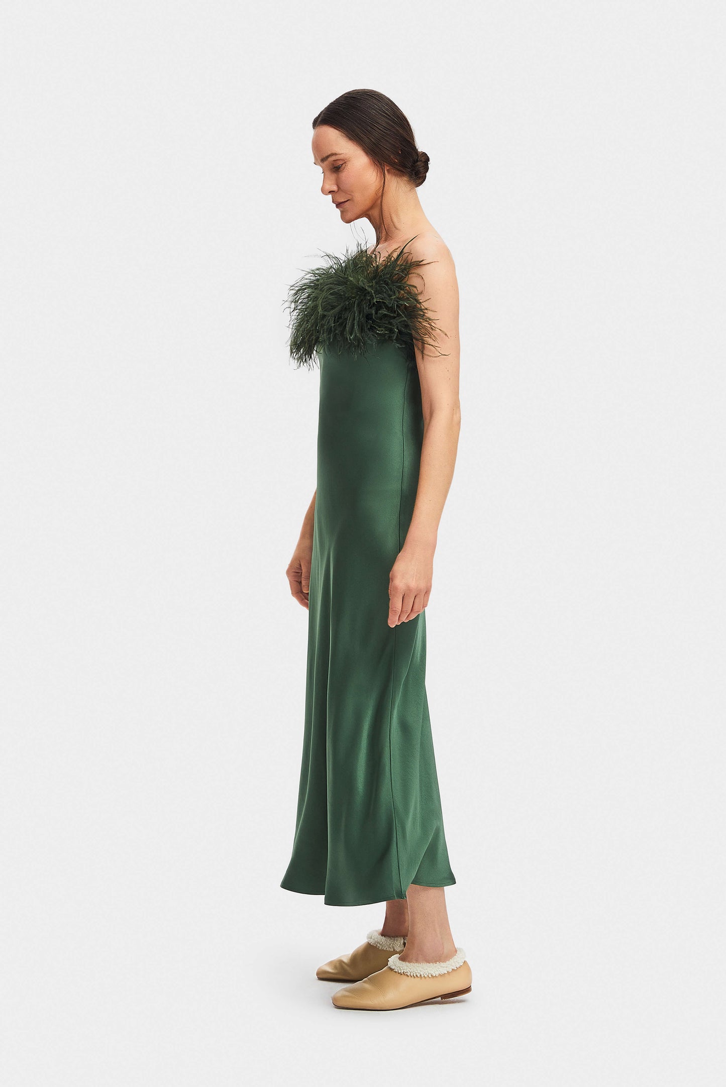 Boheme Feather Trimmed Ecovero™ Satin Dress in Green