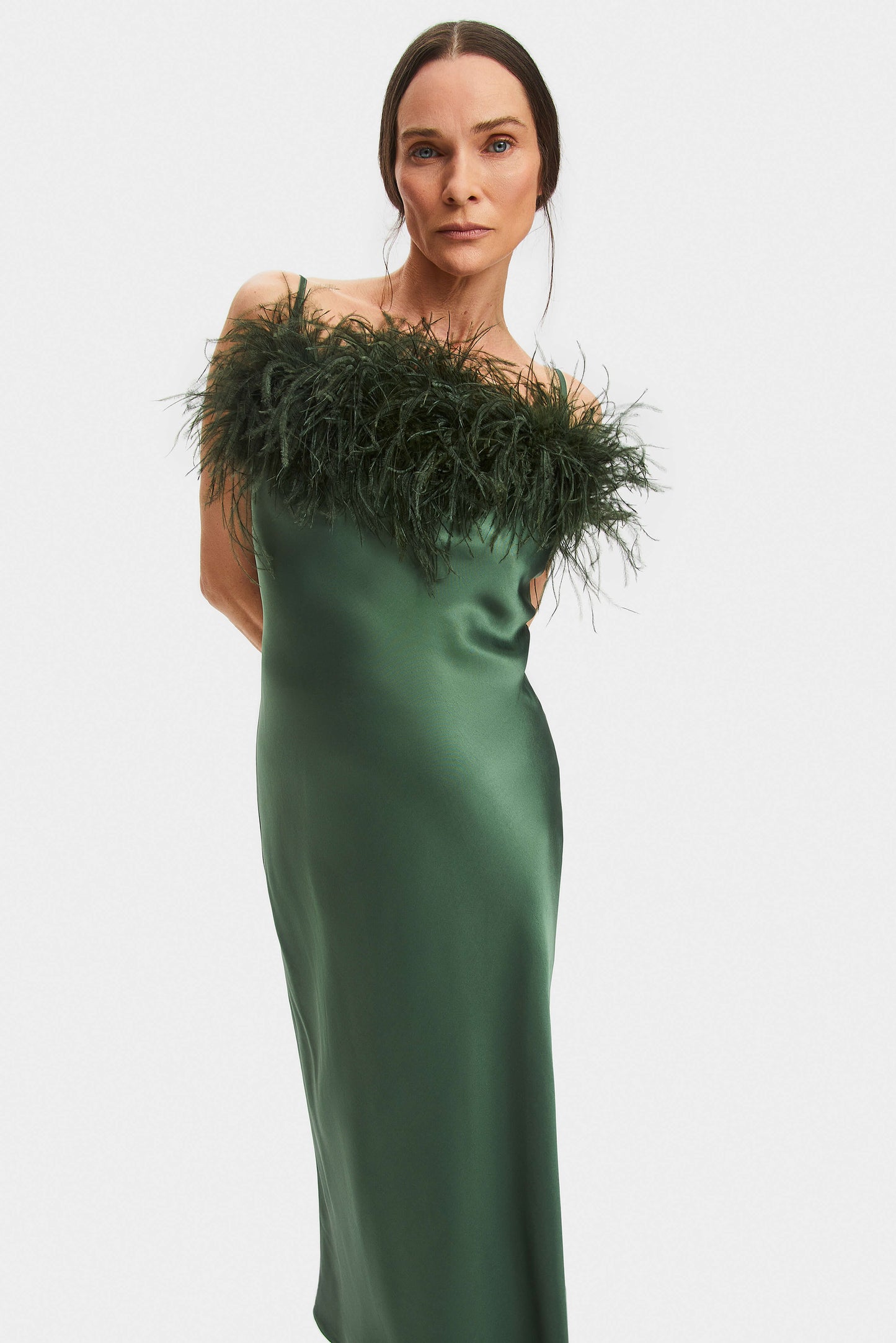 Boheme Feather Trimmed Ecovero™ Satin Dress in Green