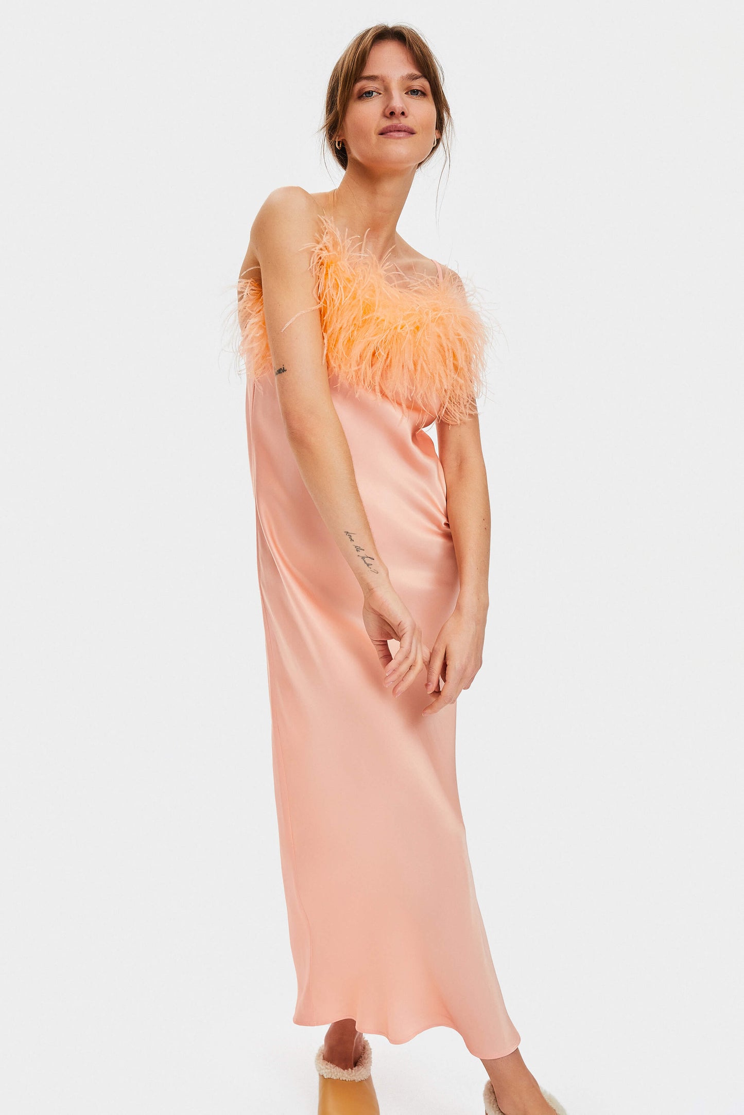 Boheme Slip Dress with Feathers in Light Peach