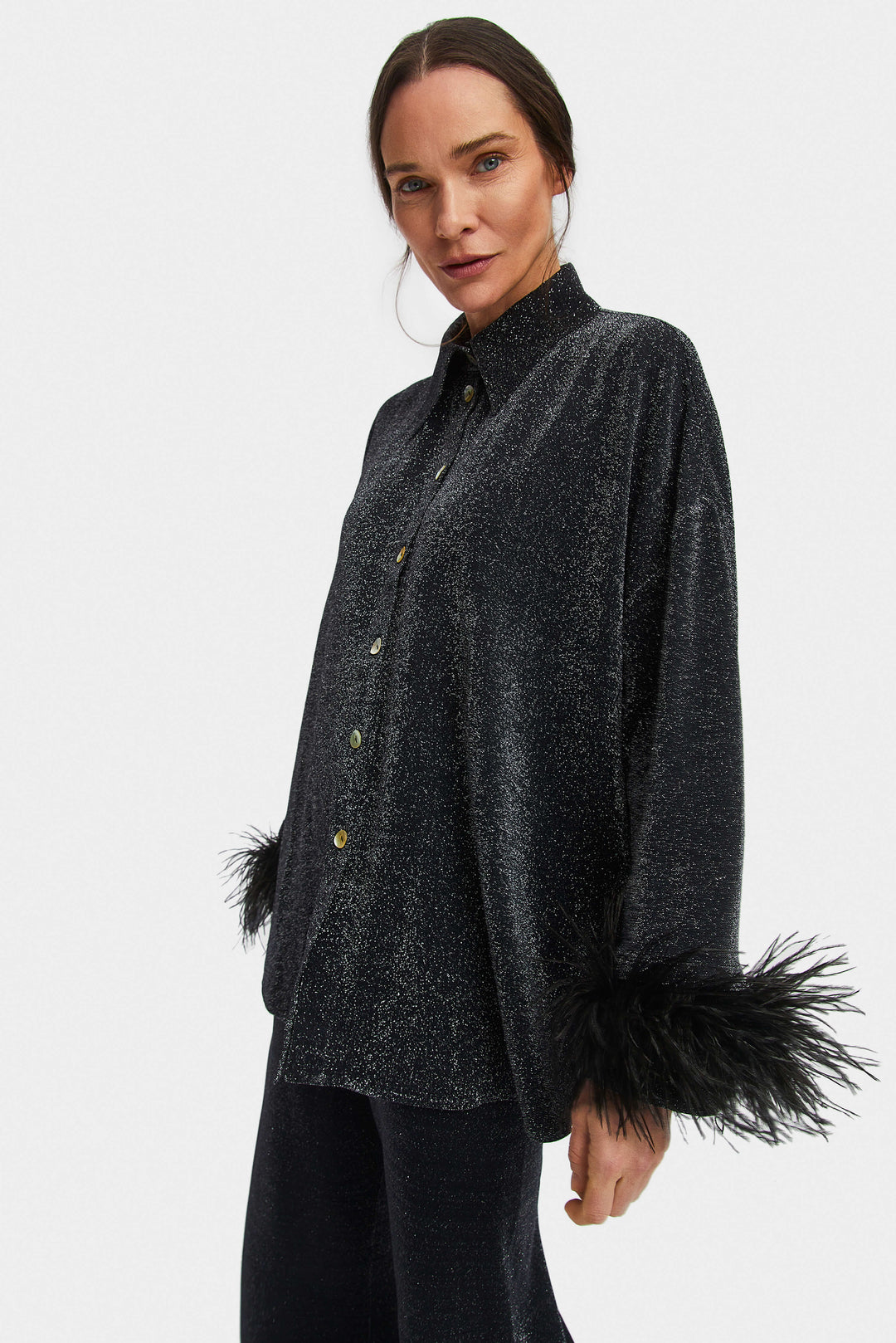 Cosmos Oversized Metallic Jersey Pajama Set in Black