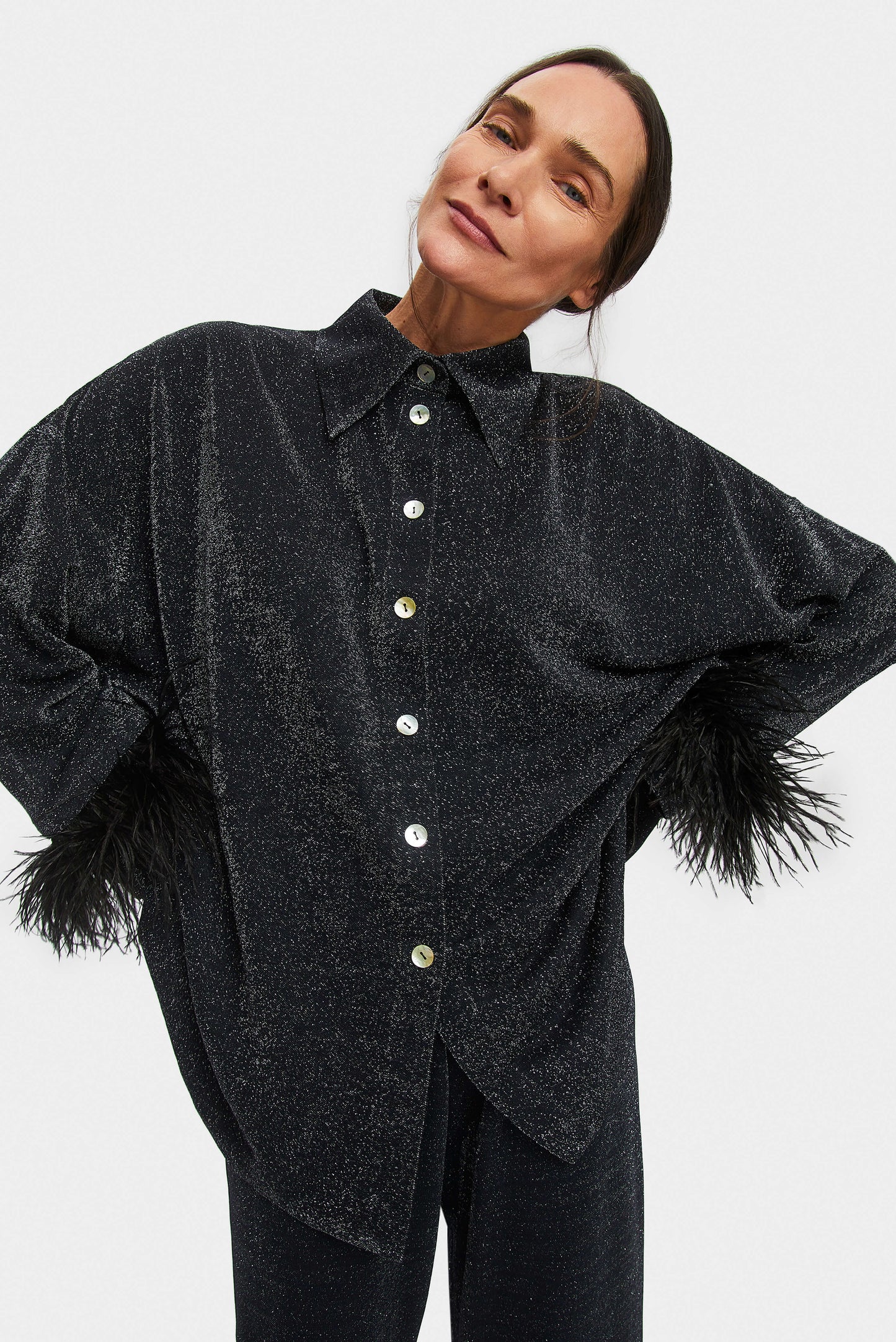 Cosmos Oversized Metallic Jersey Pajama Set in Black