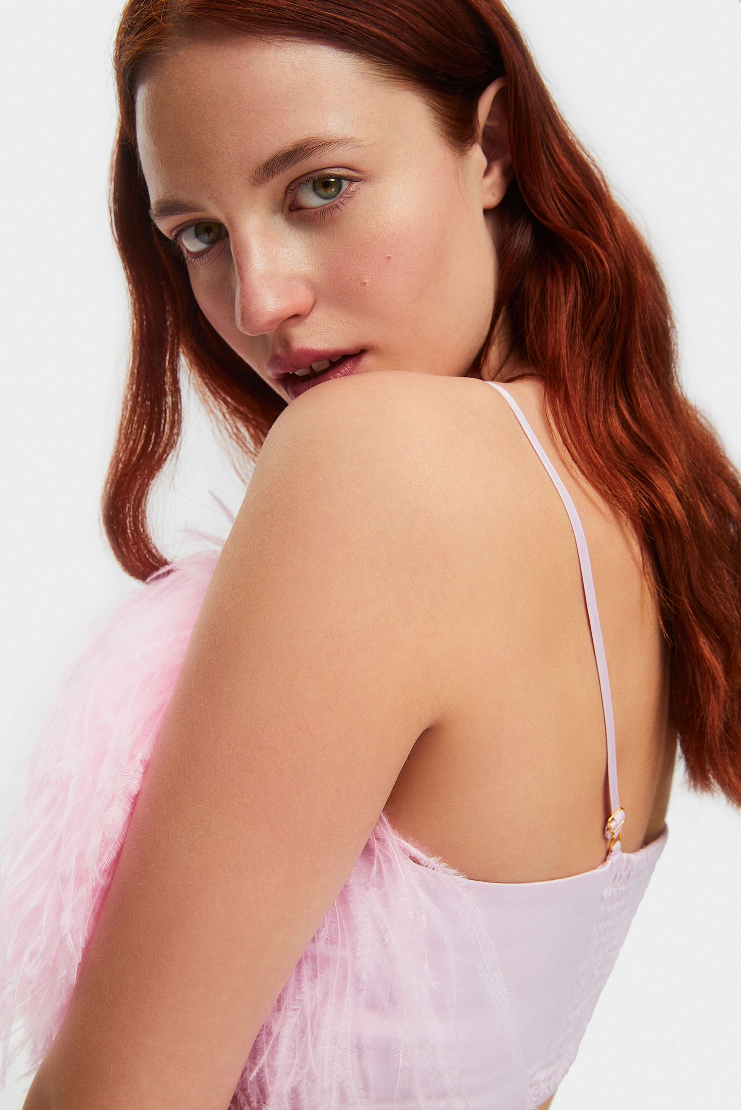 Boheme Feather Trimmed Ecovero™ Satin Top in Pink