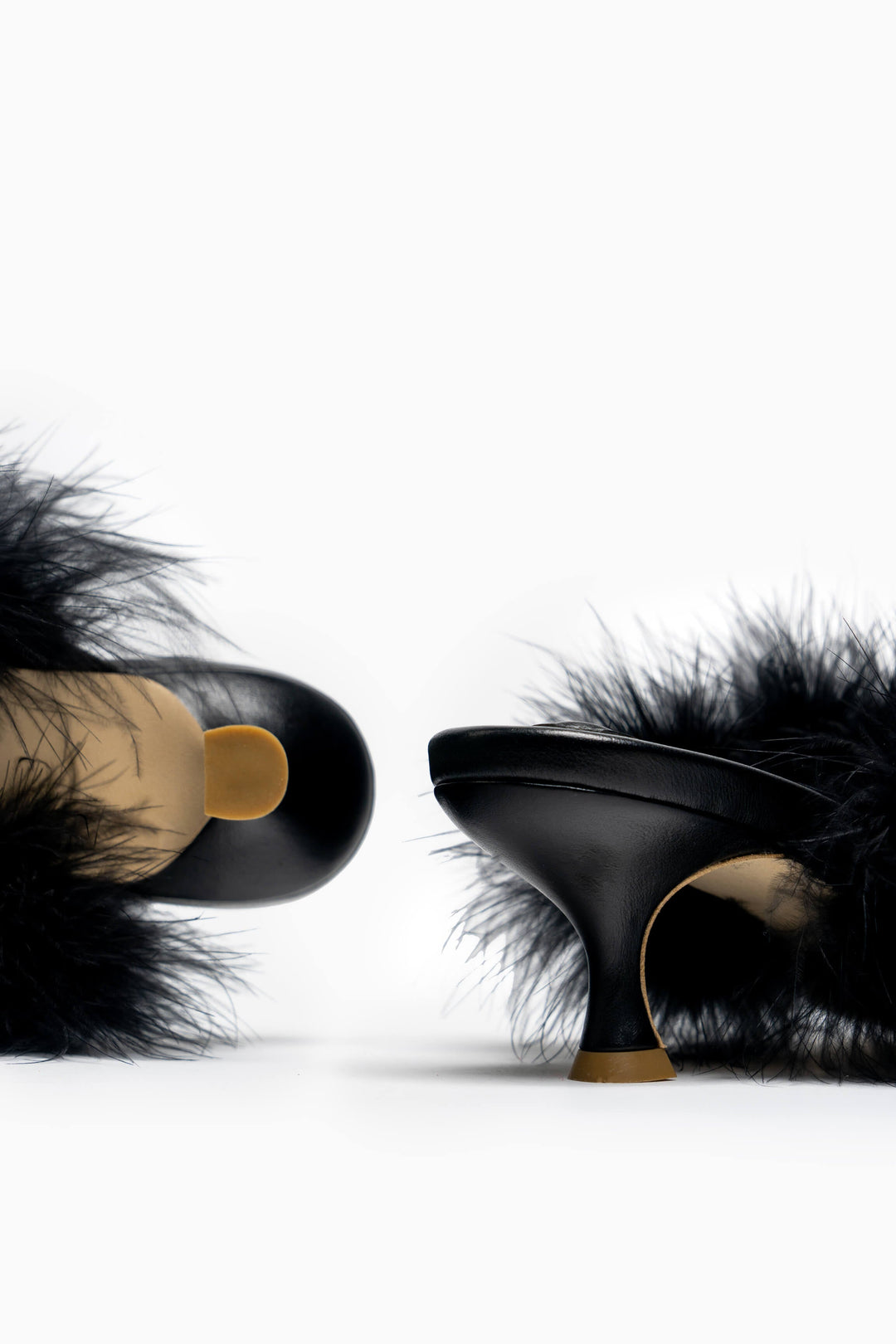 Pom Kitten Heel Mules with Feathers in Black