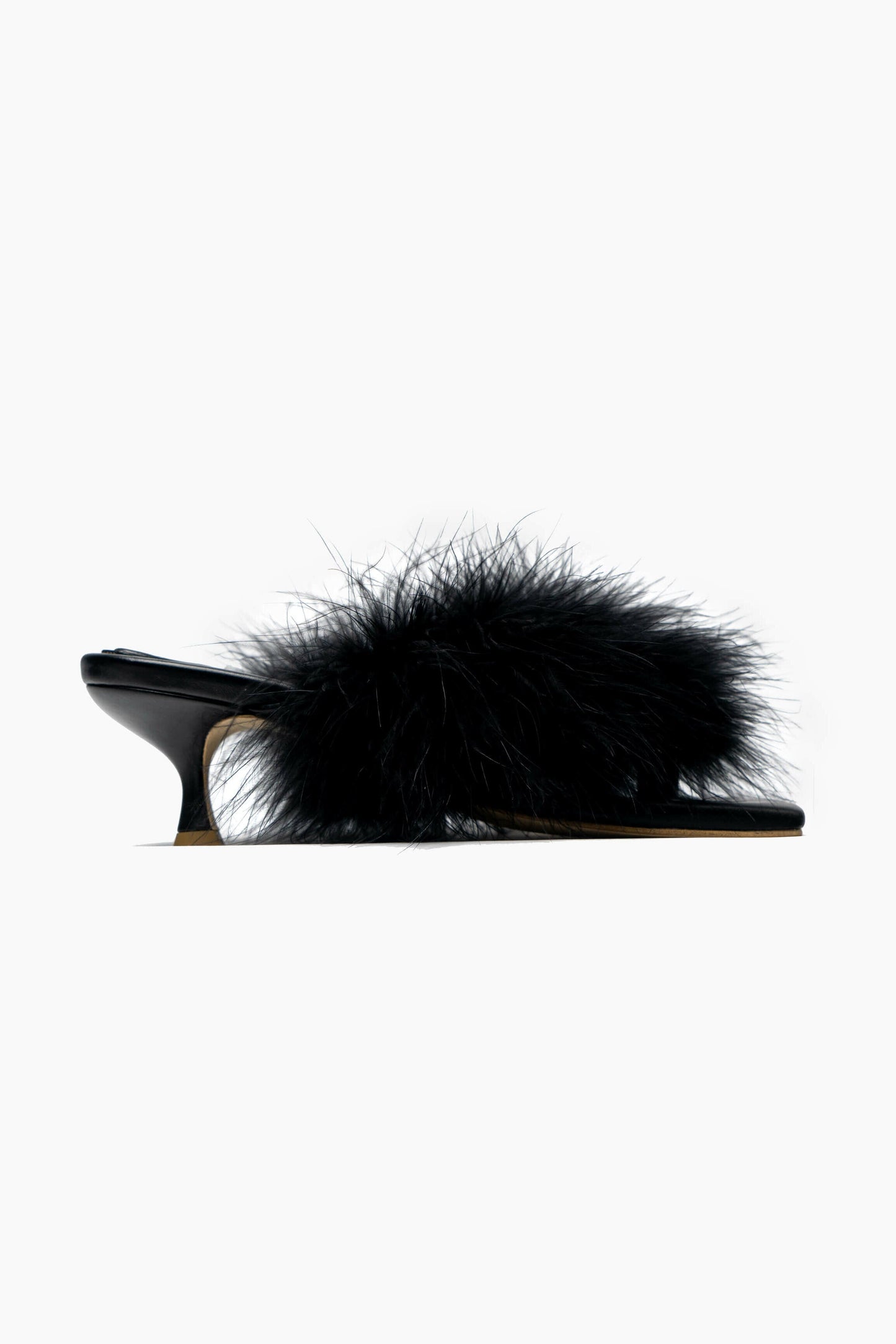 Pom Kitten Heel Mules with Feathers in Black