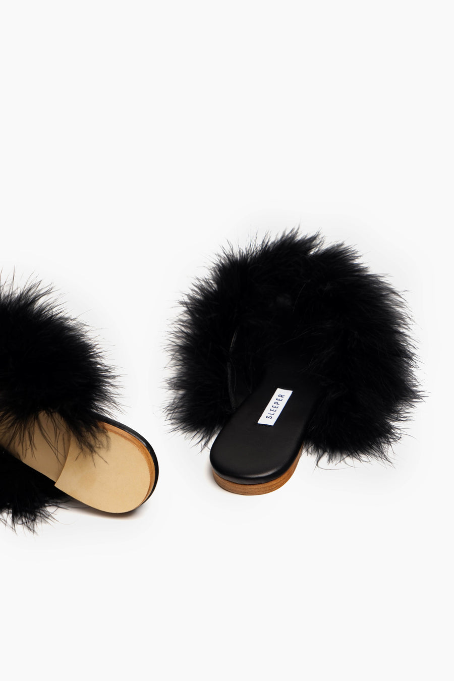 Pom Slides with Feathers in Black