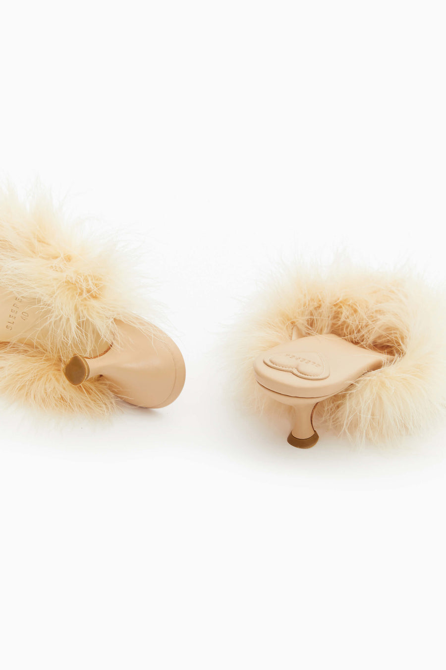 Pom Kitten Heel Mules with Feathers in Cream