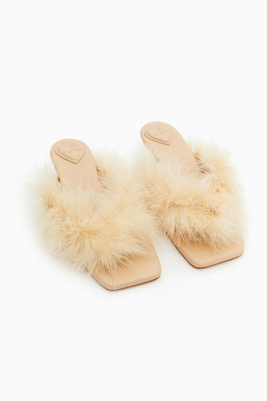 Pom Kitten Heel Mules with Feathers in Cream