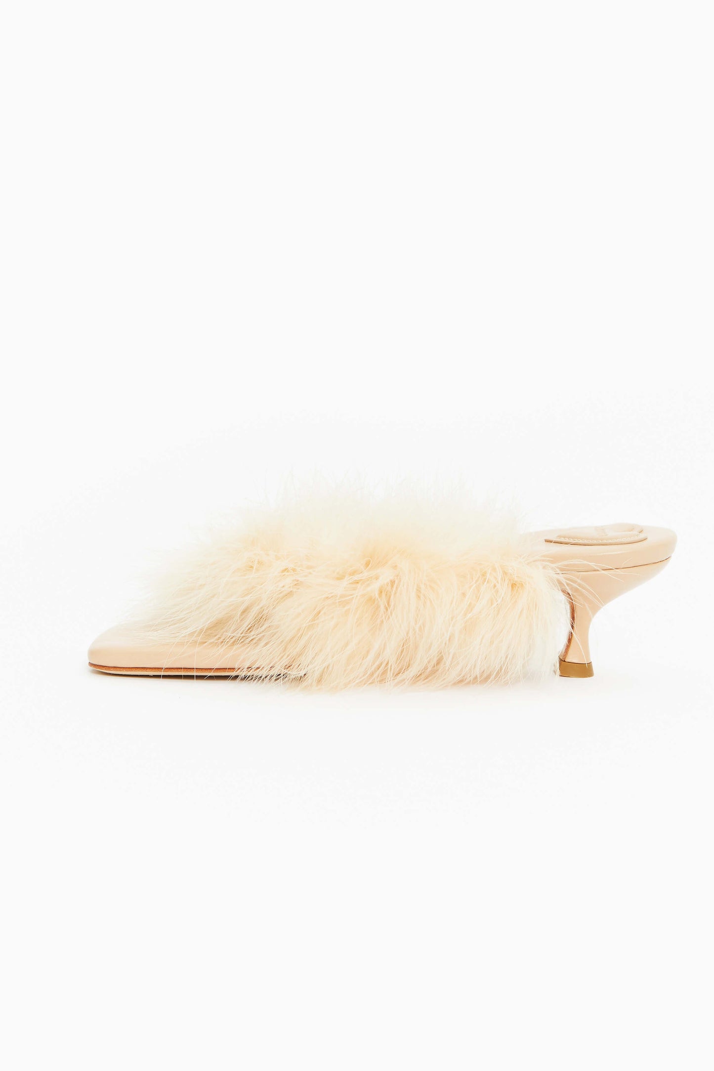 Pom Kitten Heel Mules with Feathers in Cream
