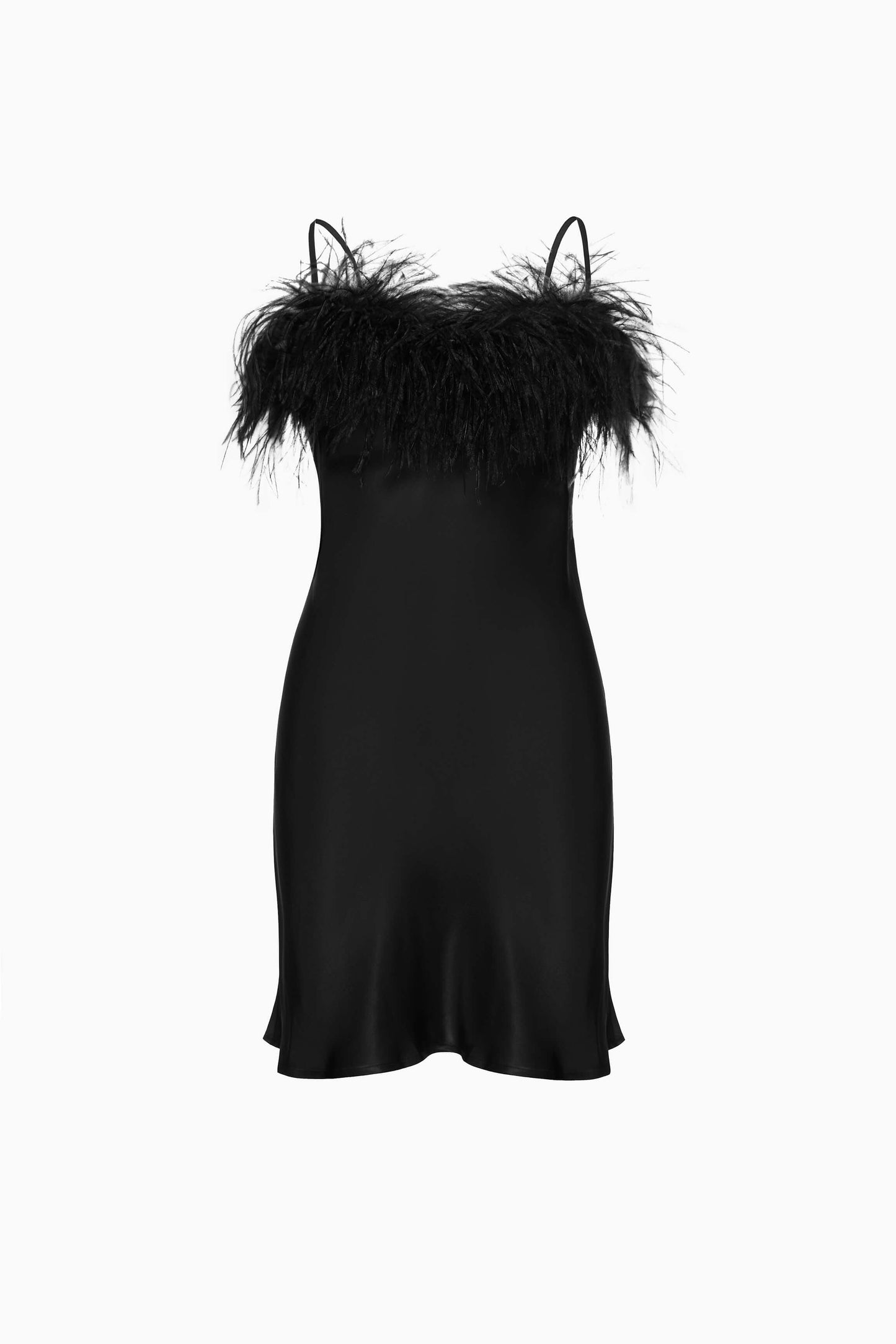 Boheme Mini Slip Dress with Feathers in Black