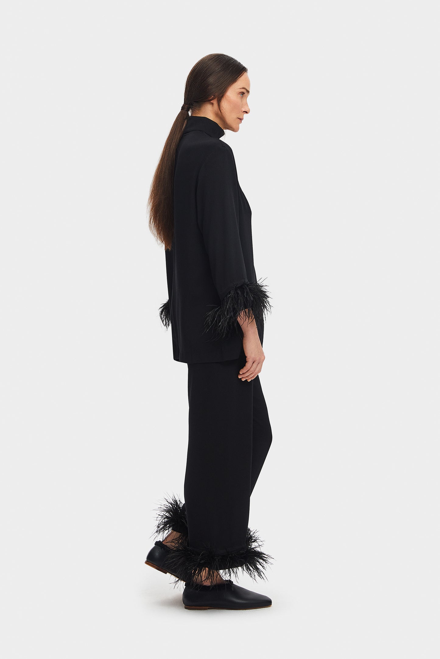 Black Tie Pajama with Detachable Feathers in Black