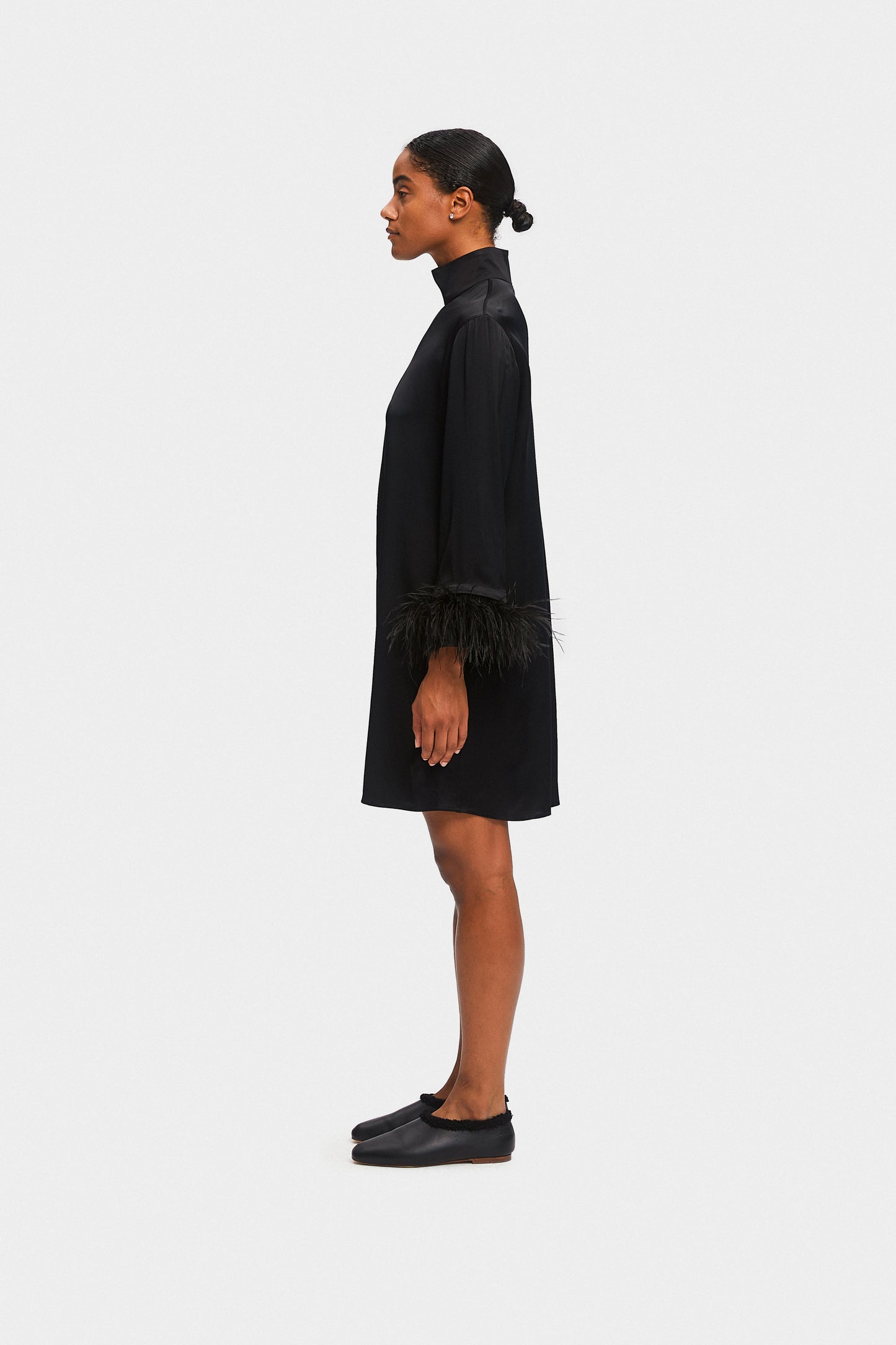 Party Shirt Dress with Detachable Feathers in Black